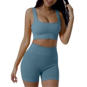 New Gymwear Workout Yoga Blue 2pc Ribbed Sports Bra & High Waisted Shorts, Large